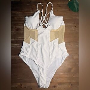 White One-Piece Swimsuit with Nude Mesh Panels